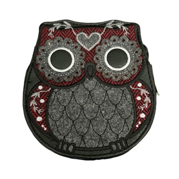 Loungefly Leather & Tweed Owl Coin Purse Wallet Gray & Red - Picture 1 of 3